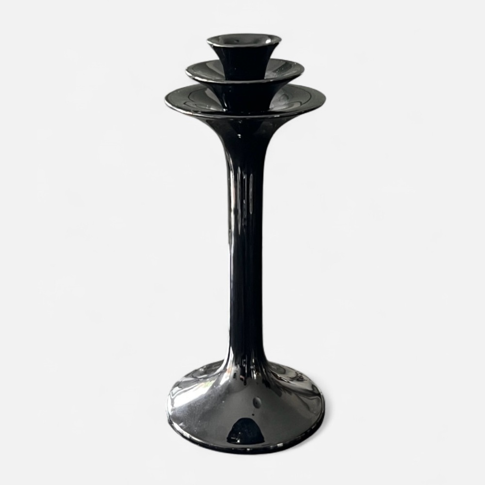 VINTAGE Fitz & Floyd Art Deco Revival Black Glossy Ceramic Candle Stick 10”